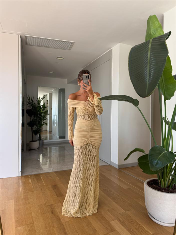 Dantel Detaylı Maxi Drapeli Elbise - Sarı