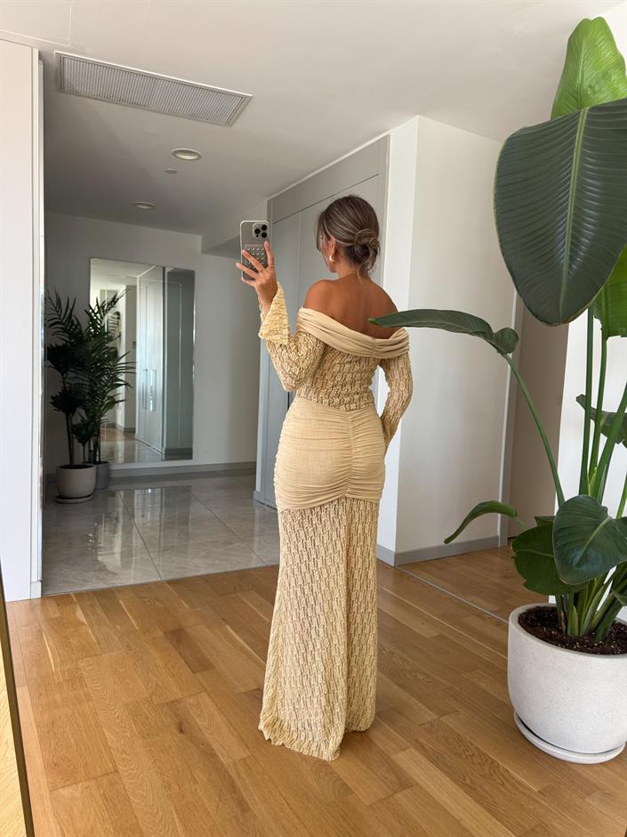 Dantel Detaylı Maxi Drapeli Elbise - Sarı