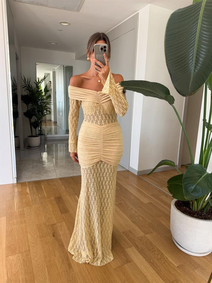 Dantel Detaylı Maxi Drapeli Elbise - Sarı