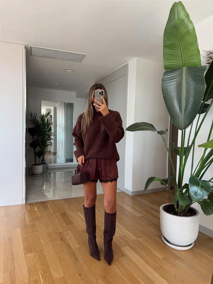 Dantel Detaylı Saten Şort - Kahve