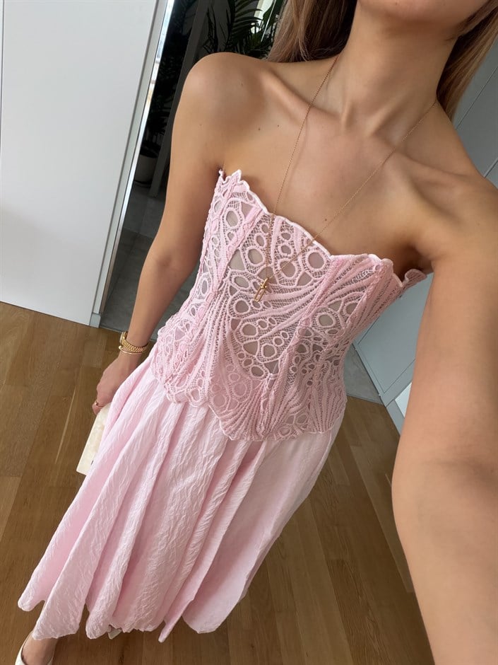 Dantel Detaylı Straplez Korse - Pembe