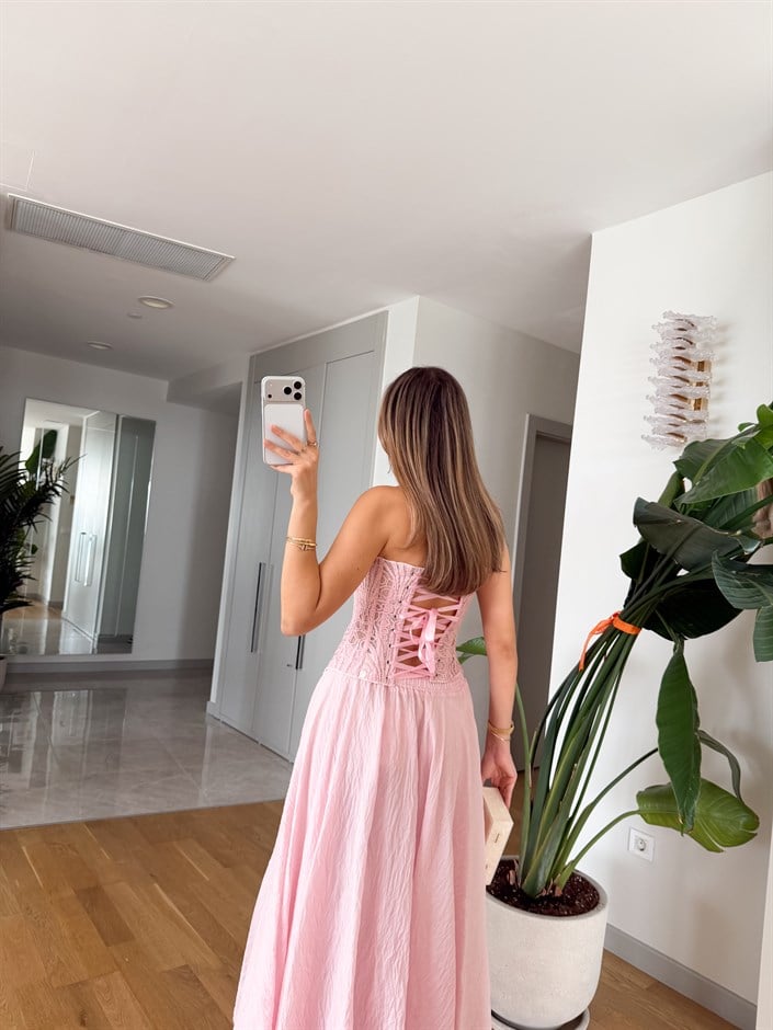 Dantel Detaylı Straplez Korse - Pembe