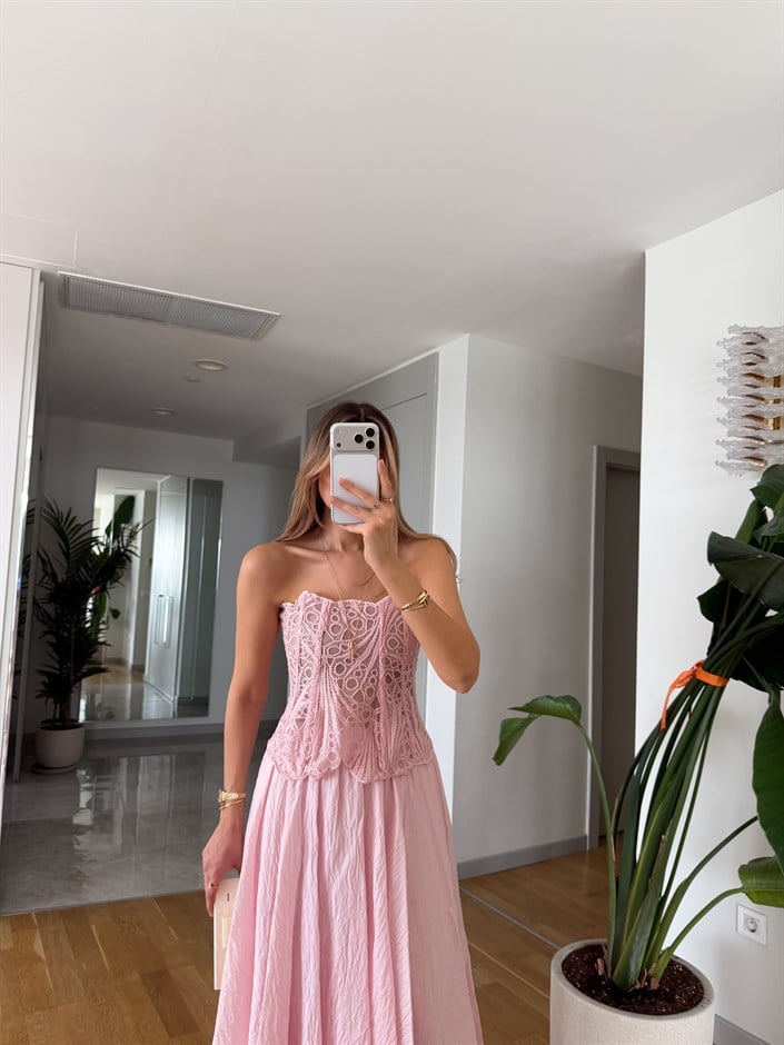 Dantel Detaylı Straplez Korse - Pembe