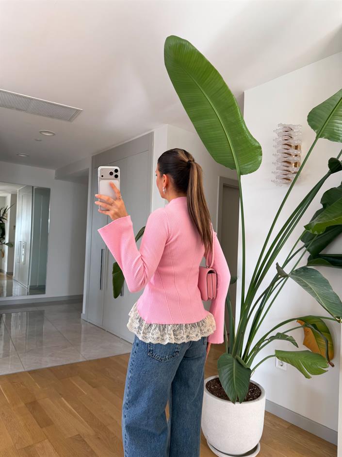 Dantel Detaylı Tasarım Hırka - Pembe