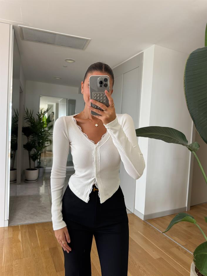 Dantel Geçişli Basic Bluz - Ekru