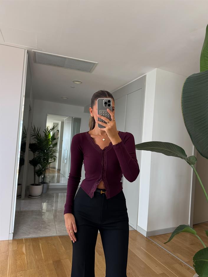 Dantel Geçişli Basic Bluz - Mürdüm