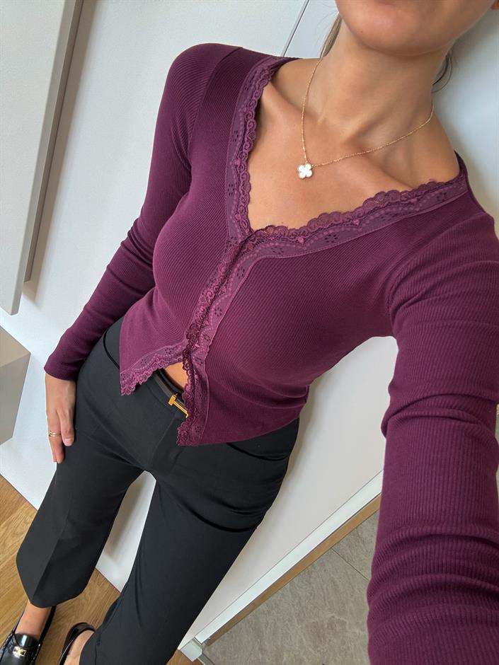 Dantel Geçişli Basic Bluz - Mürdüm