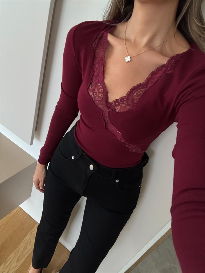 Dantel Geçişli Bluz - Bordo