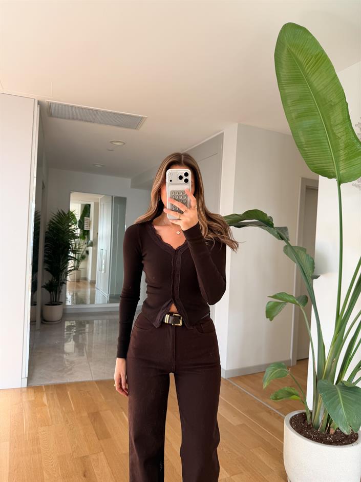 Dantel Geçişli Bluz - Kahve