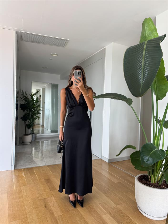 Dantel Geçişli Midi Saten Elbise - Siyah