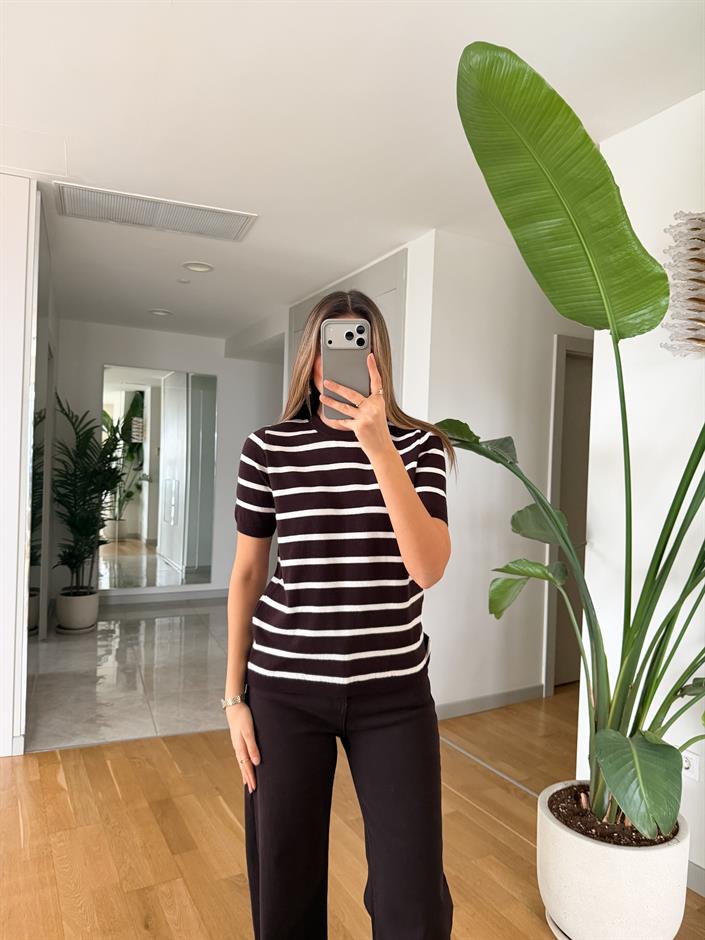 Darley Kısa Kollu Çizgili Triko - Kahve