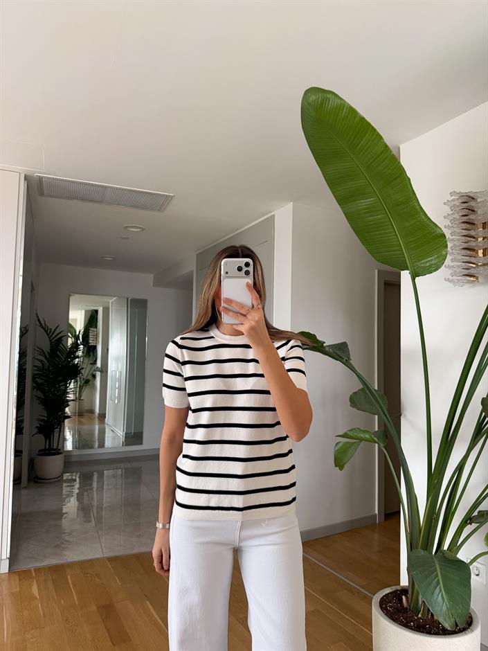 Darley Kısa Kollu Çizgili Triko - Beyaz