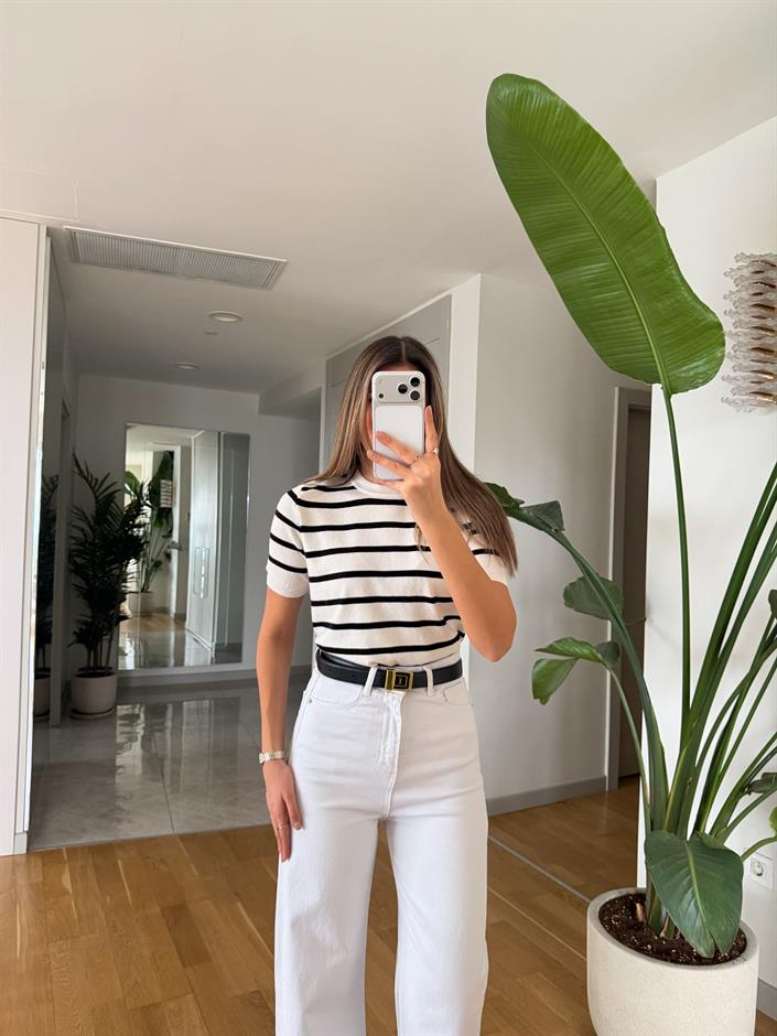 Darley Kısa Kollu Çizgili Triko - Beyaz