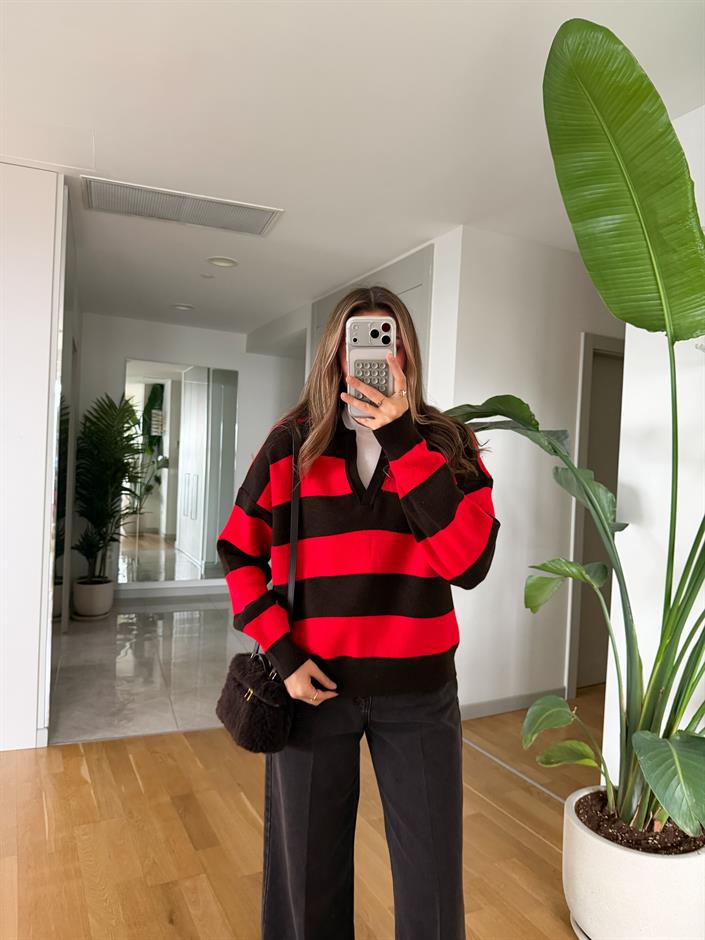 Davis Çizgili Polo Yaka Kazak