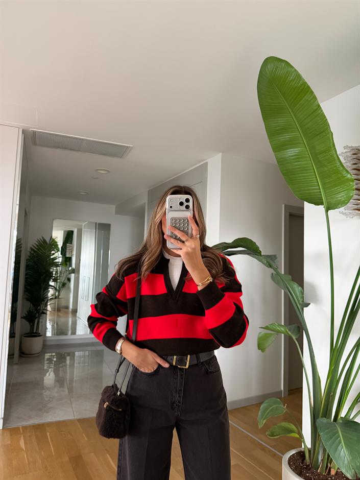 Davis Çizgili Polo Yaka Kazak