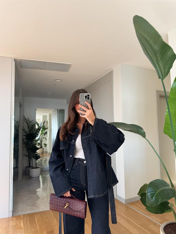 Denim Kemerli Ceket Pantolon Takım