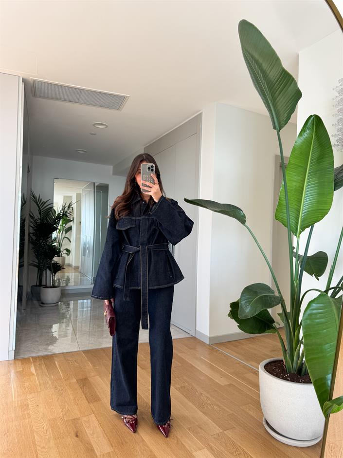 Denim Kemerli Ceket Pantolon Takım