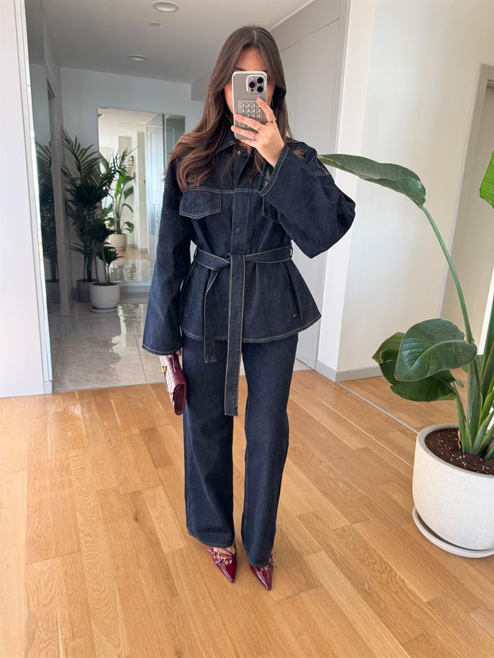 Denim Kemerli Ceket Pantolon Takım