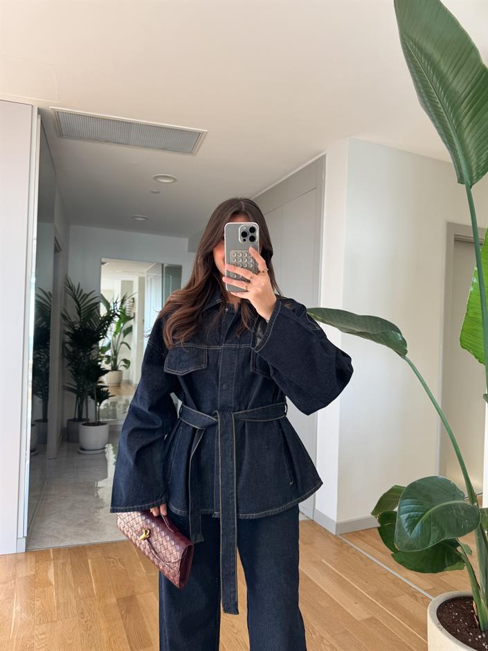 Denim Kemerli Ceket Pantolon Takım