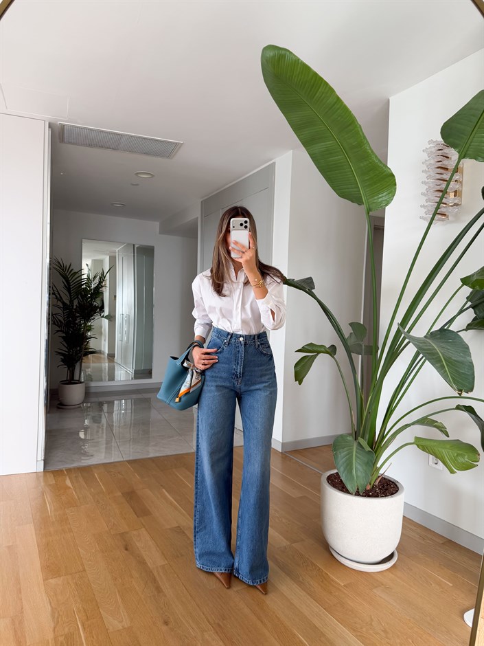 Deri Cep Detaylı Tasarım Jean - Mavi 