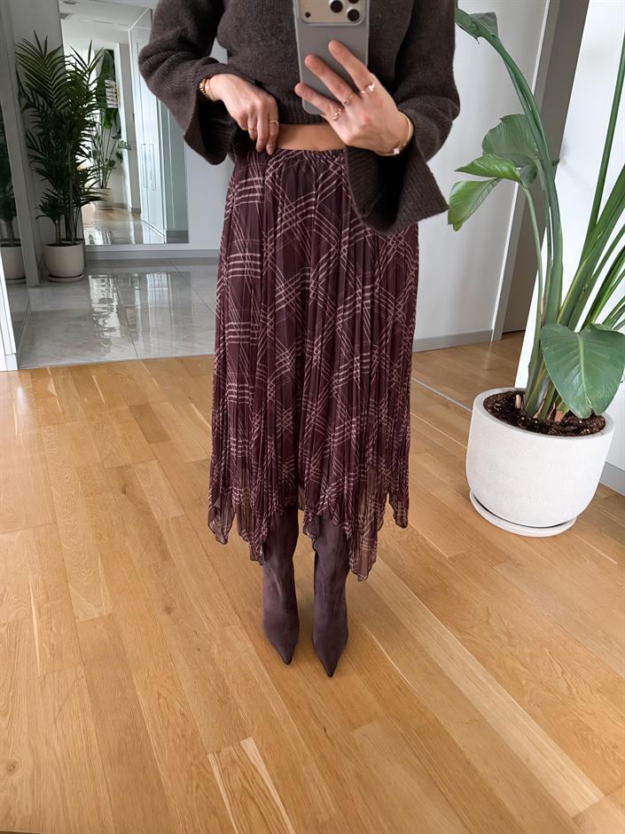 Desenli Asimetrik Kesim  Şifon Etek - Kahve