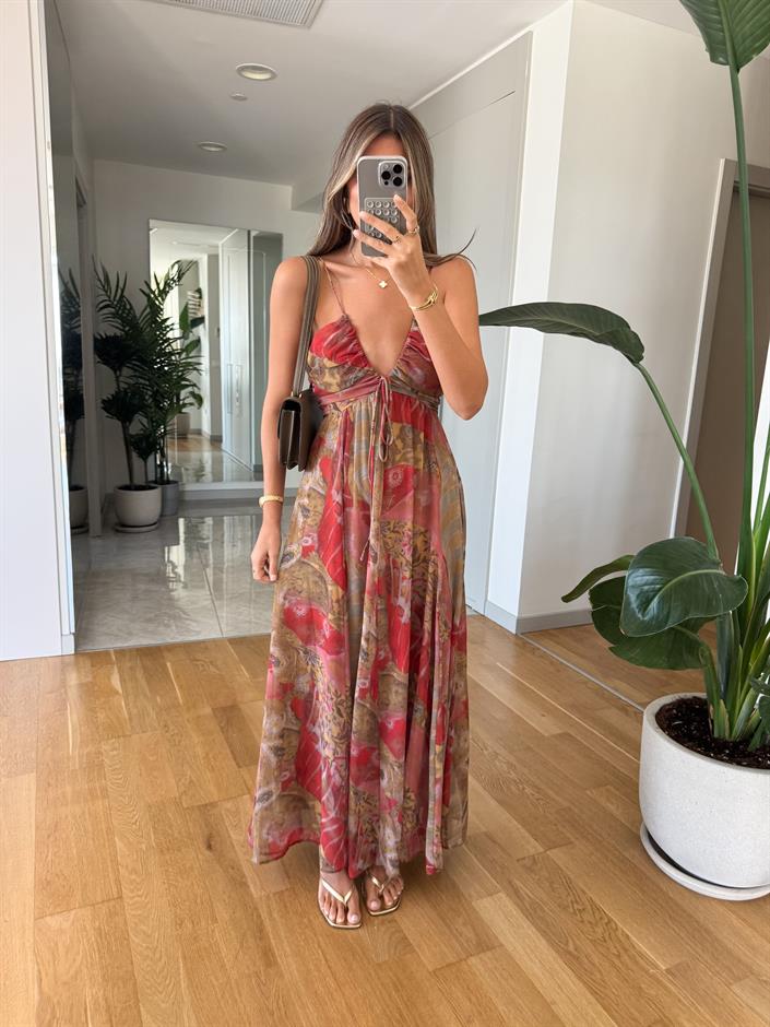 Desenli Askılı Şifon Elbise