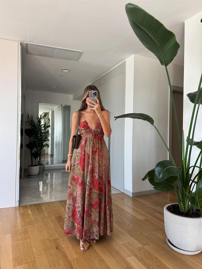 Desenli Askılı Şifon Elbise