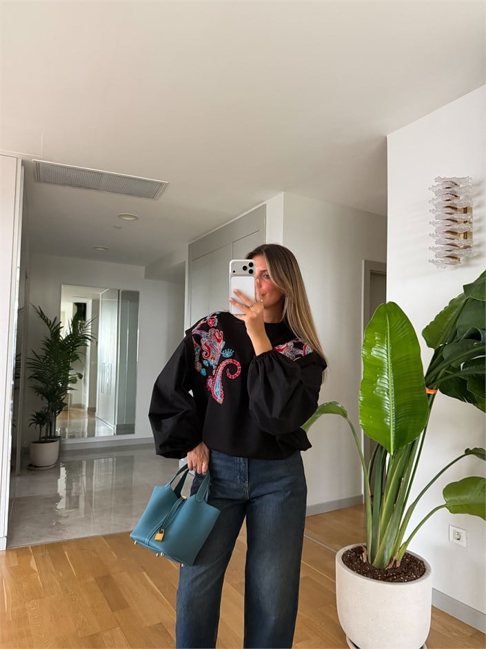 Desenli Sweatshirt - Siyah
