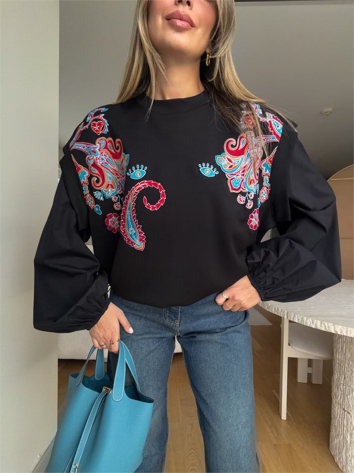 Desenli Sweatshirt - Siyah