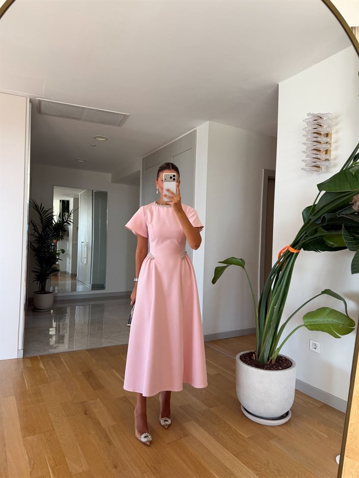 Dia Taş Detaylı Midi Elbise - Pembe
