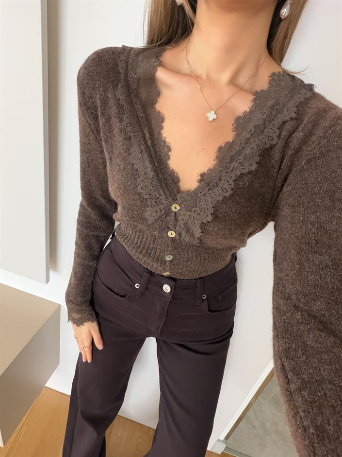 Diana Dantelli İnce Dokulu Hırka - Kahve