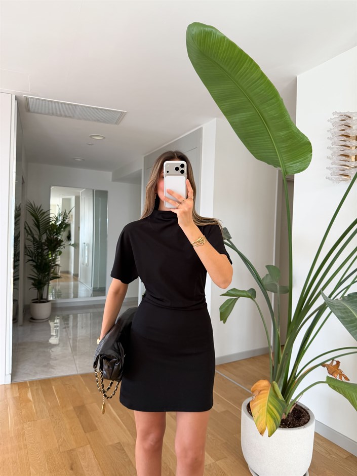 Dik Yaka Drape Detaylı Mini Elbise - Siyah