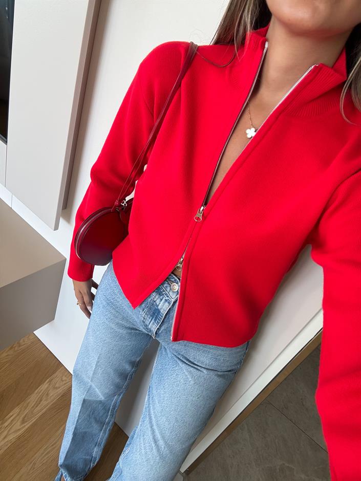 Dik Yaka Fermuarlı Hırka - Kırmızı 