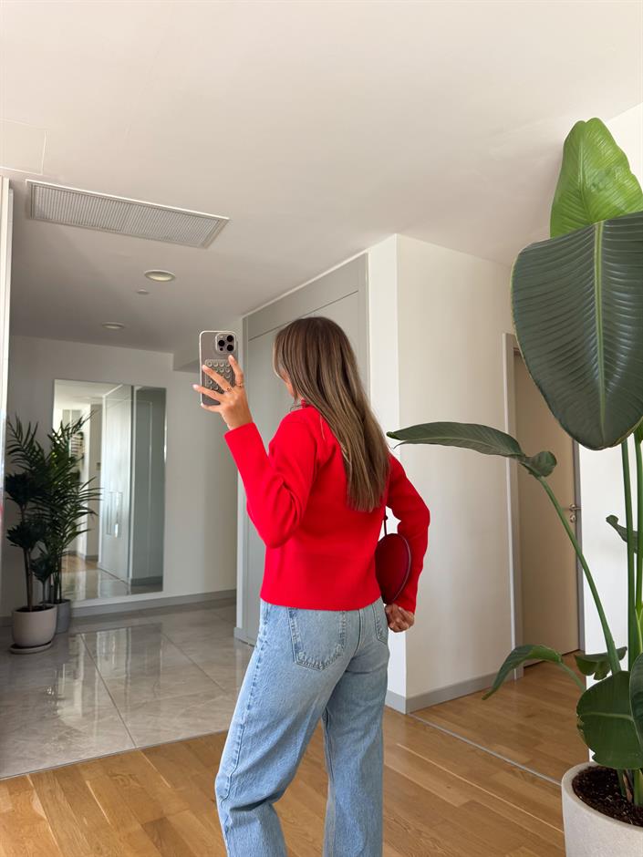 Dik Yaka Fermuarlı Hırka - Kırmızı 