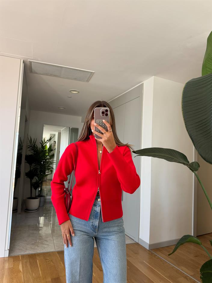 Dik Yaka Fermuarlı Hırka - Kırmızı 