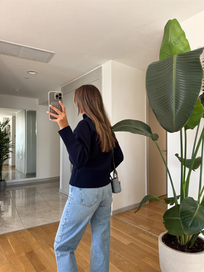 Dik Yaka Fermuarlı Hırka - Lacivert