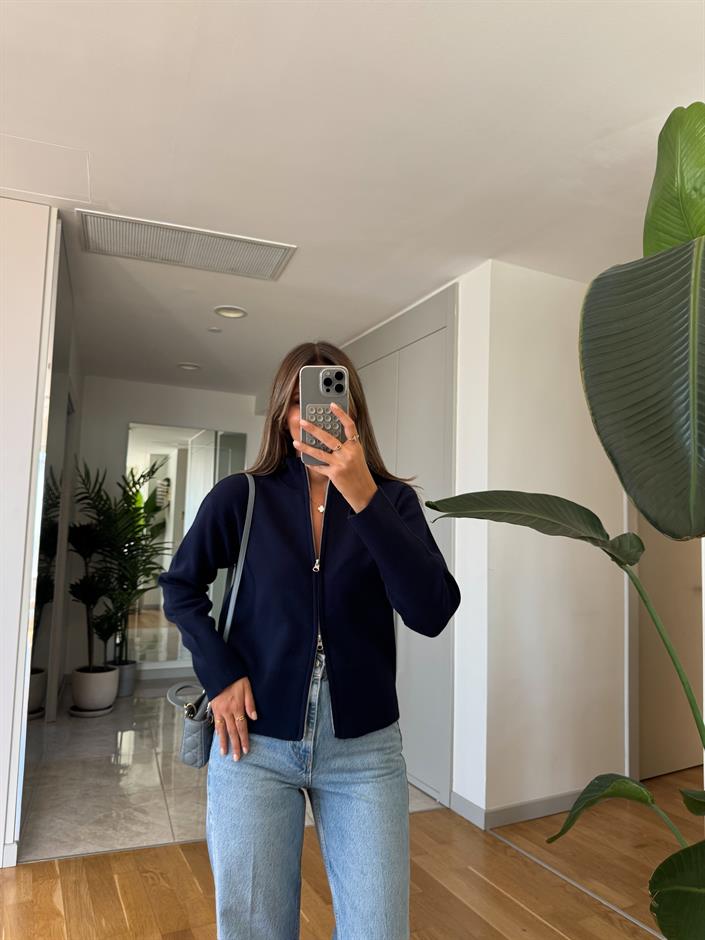 Dik Yaka Fermuarlı Hırka - Lacivert