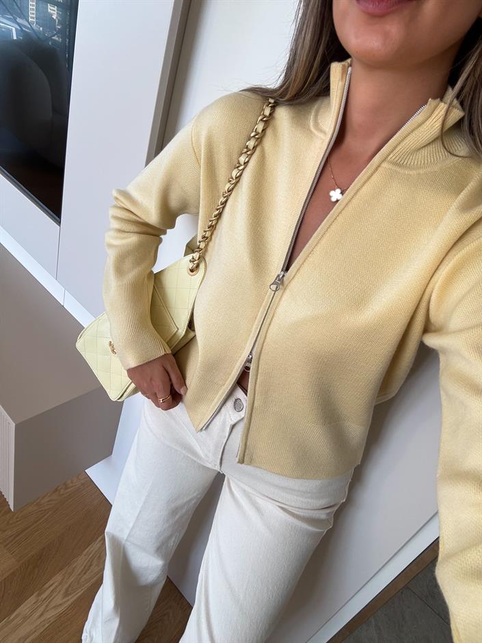 Dik Yaka Fermuarlı Hırka - Sarı