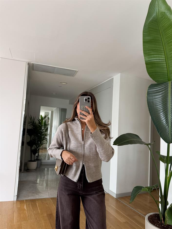 Dik Yaka Fermuarlı Hırka - Taş