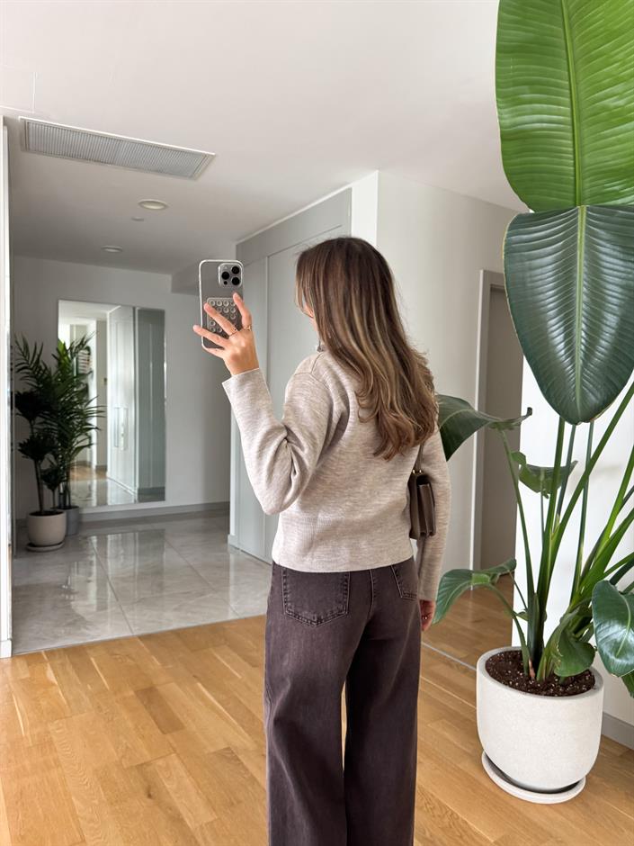 Dik Yaka Fermuarlı Hırka - Taş