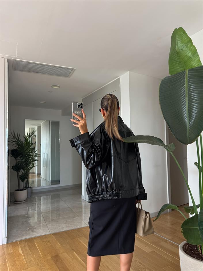 Dik Yaka Oversize Deri Ceket - Siyah