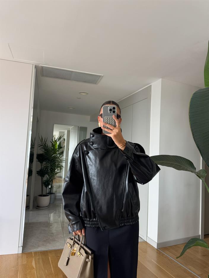 Dik Yaka Oversize Deri Ceket - Siyah