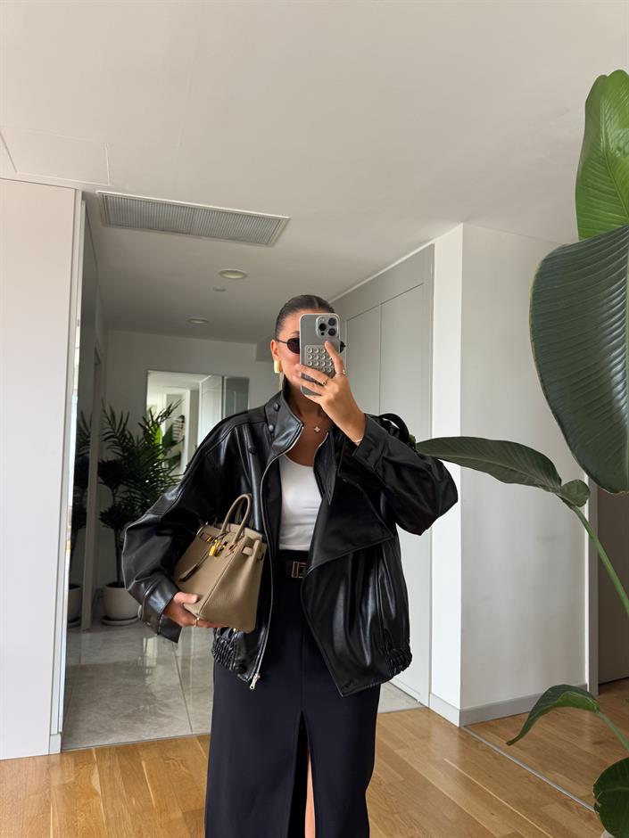 Dik Yaka Oversize Deri Ceket - Siyah