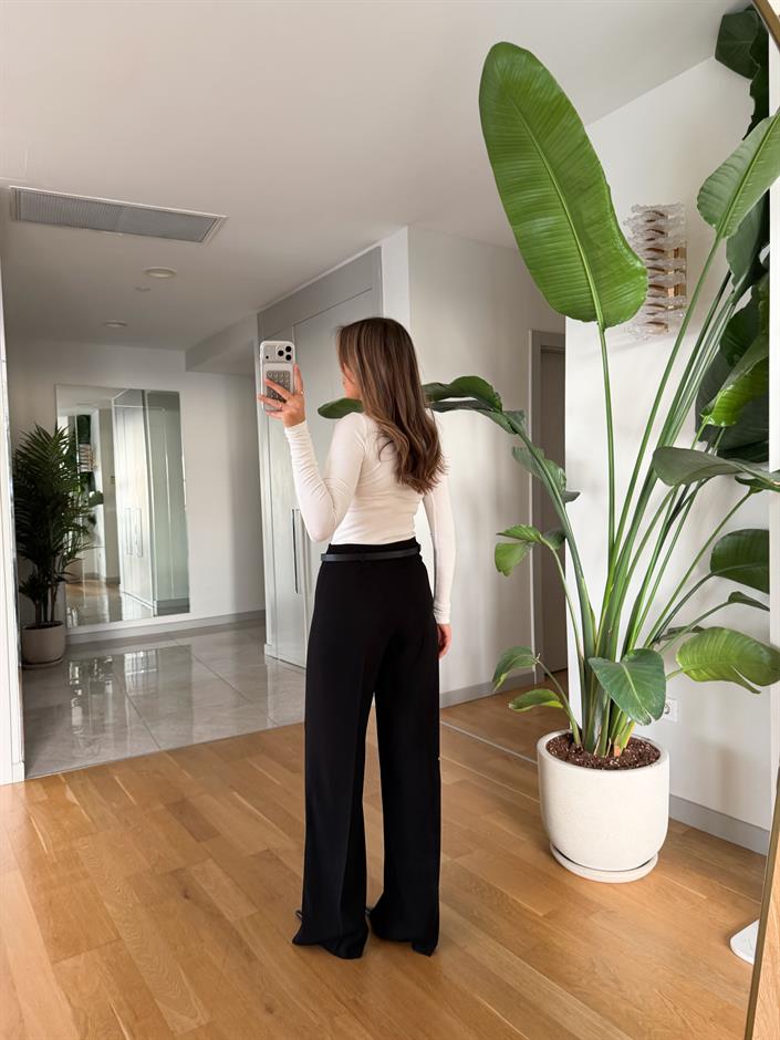 Dikiş Detaylı Kemerli Pantolon - Siyah