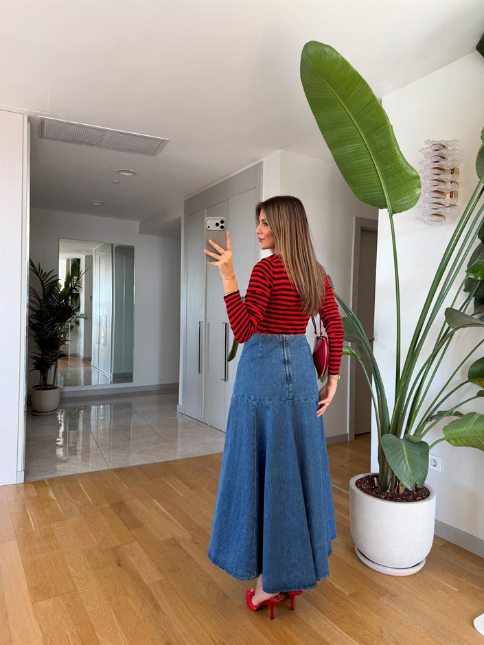 Dikiş Detaylı Midi Denim Etek 