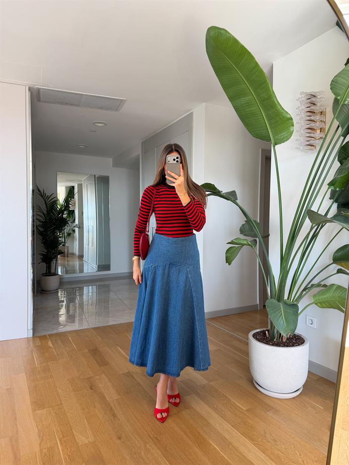 Dikiş Detaylı Midi Denim Etek 