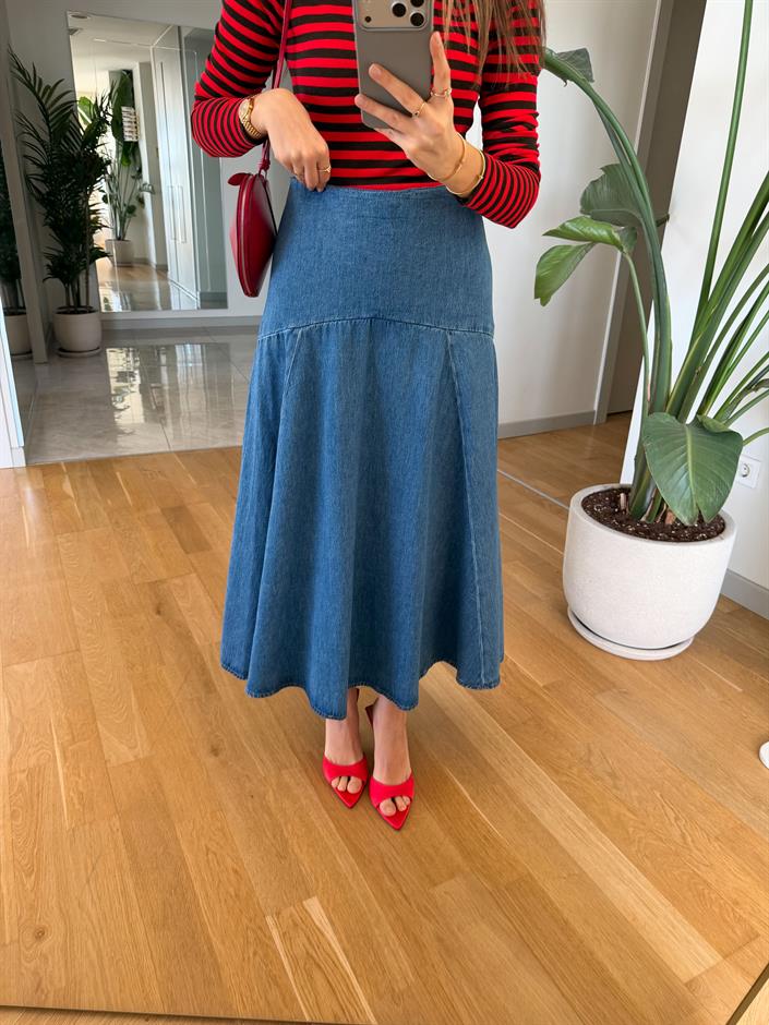 Dikiş Detaylı Midi Denim Etek 
