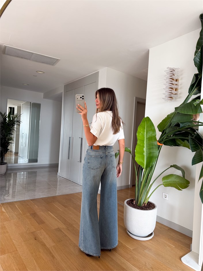 Dikiş Detaylı Wide Leg Jean Eskitme Mavi 