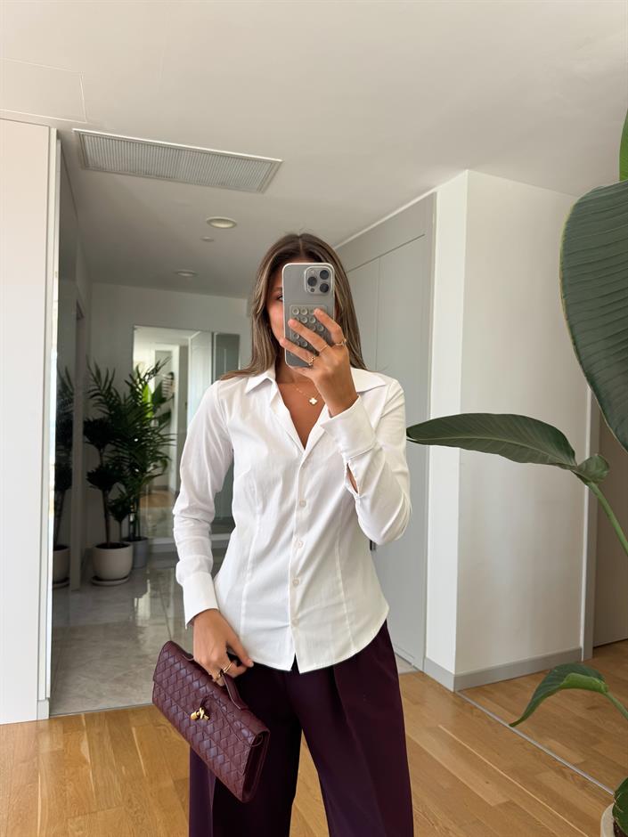 Dilvin Bele Oturan Basic Gömlek - Beyaz