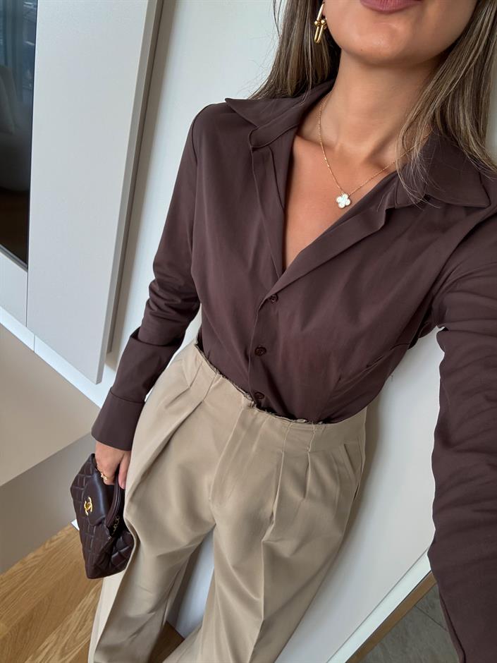 Dilvin Bele Oturan Basic Gömlek - Kahve